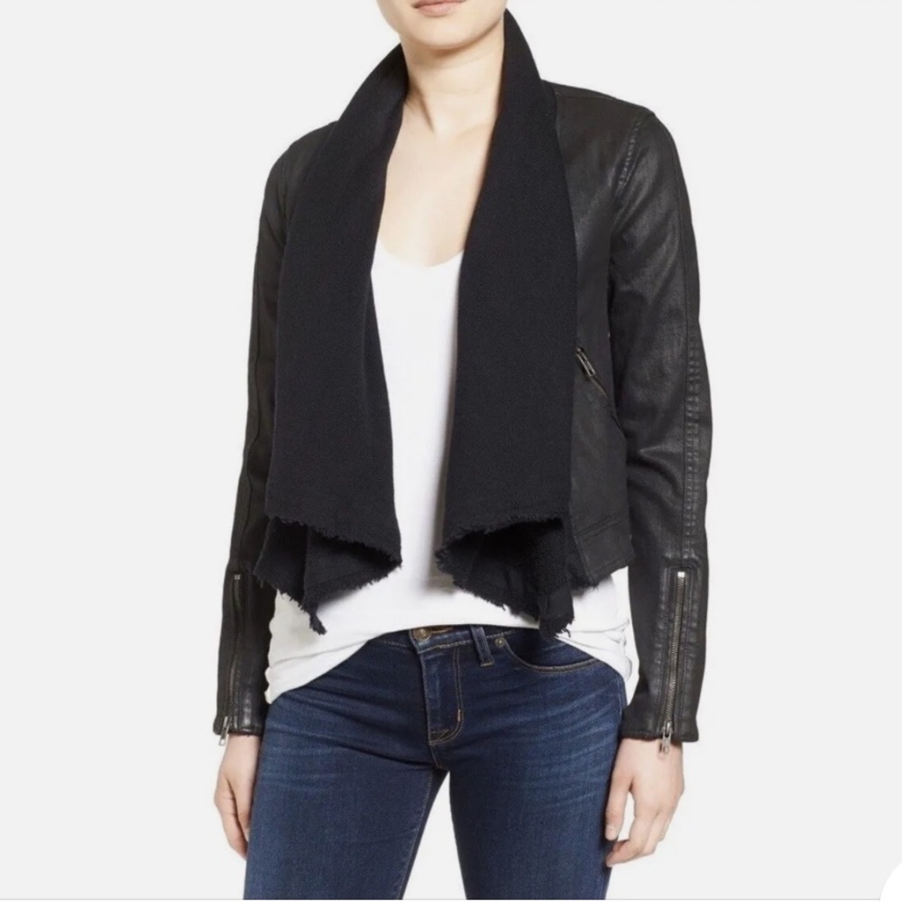 Free People Drape Front Coated Denim Jean Moto Jacket Black